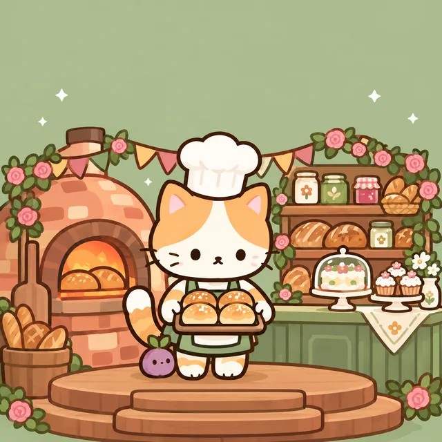 Biscuit the cat in a chef's hat holding a tray of fresh buns in a cozy bakery